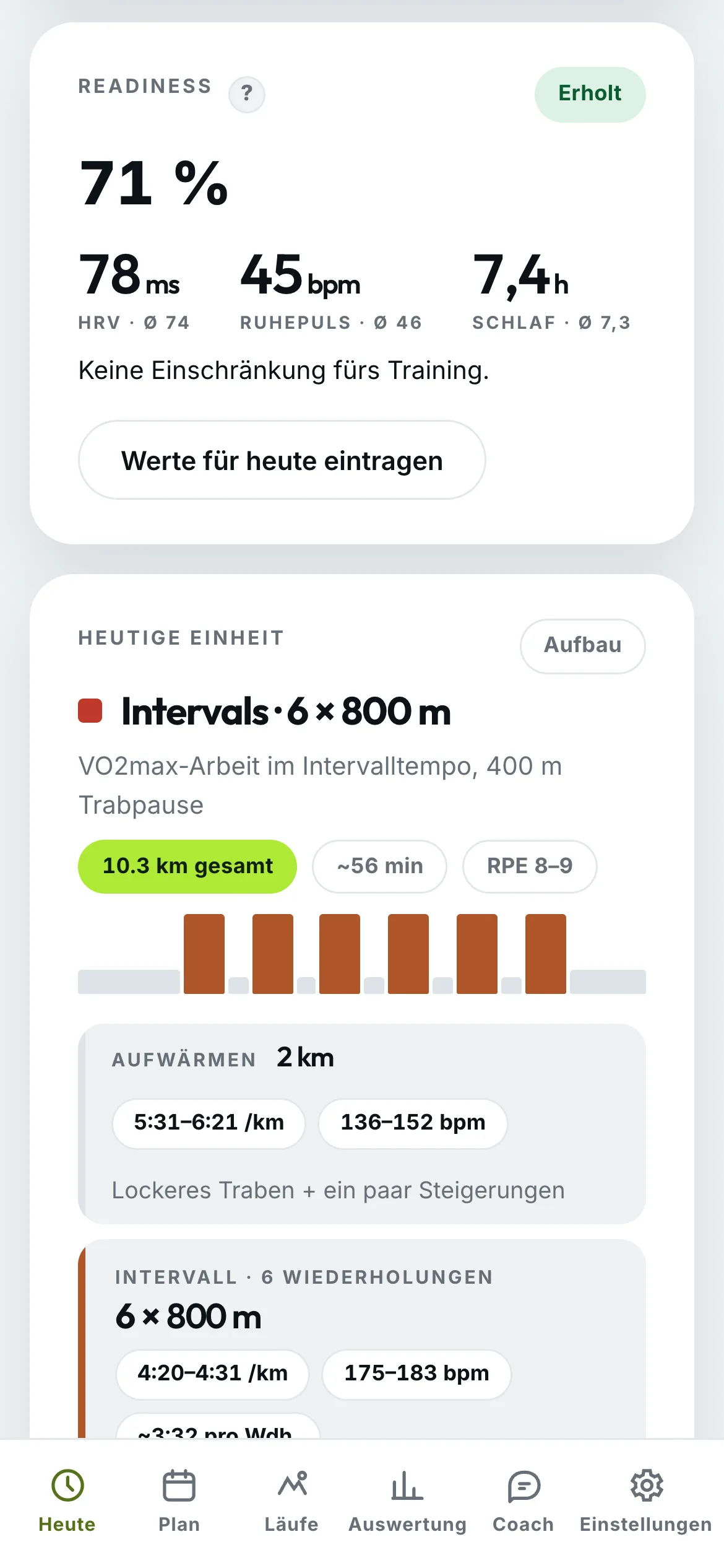 CalibRUN Heute-Seite: Readiness-Kachel mit HRV, Ruhepuls und Schlaf neben den persönlichen Durchschnittswerten