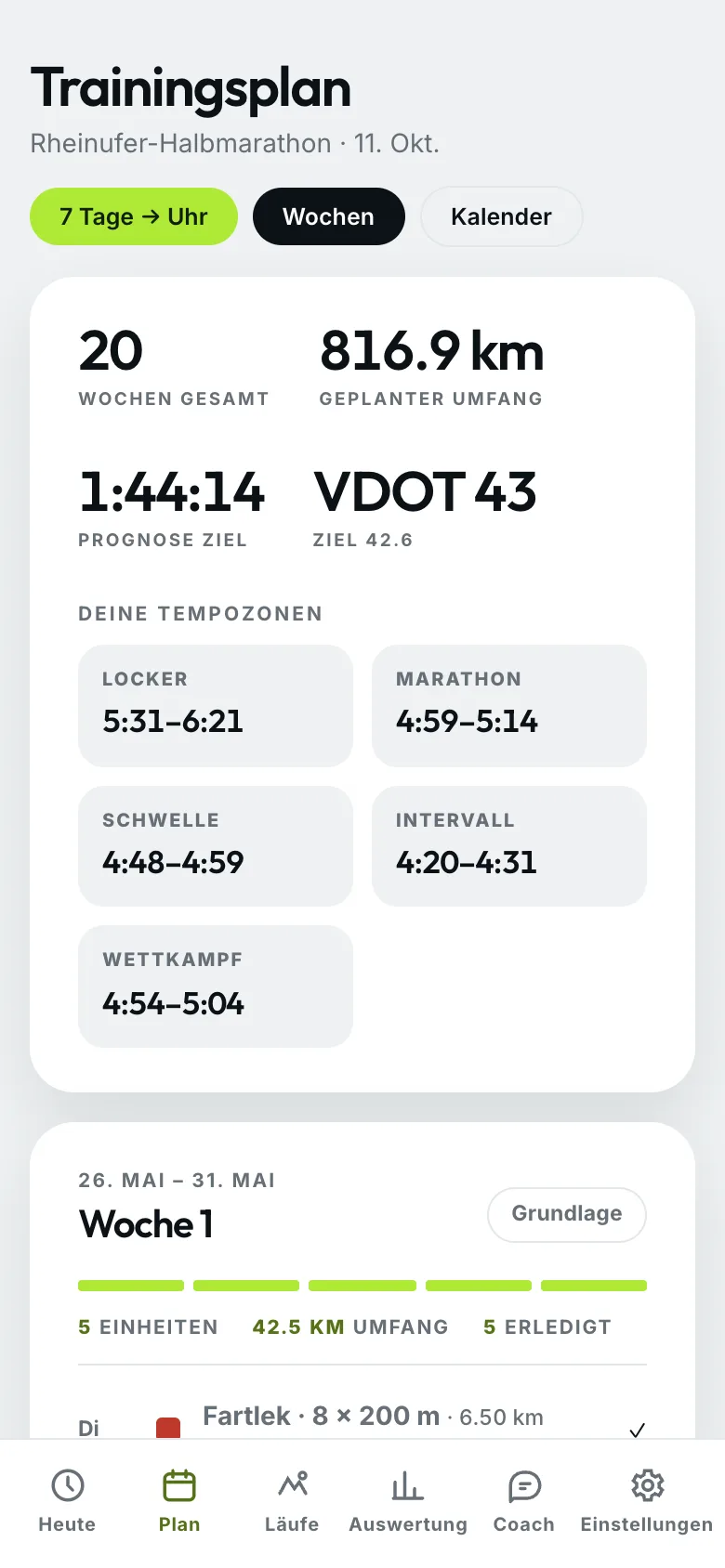CalibRUN Trainingsplan: Wochenübersicht mit Prognose, Tempozonen und der ersten Planwoche